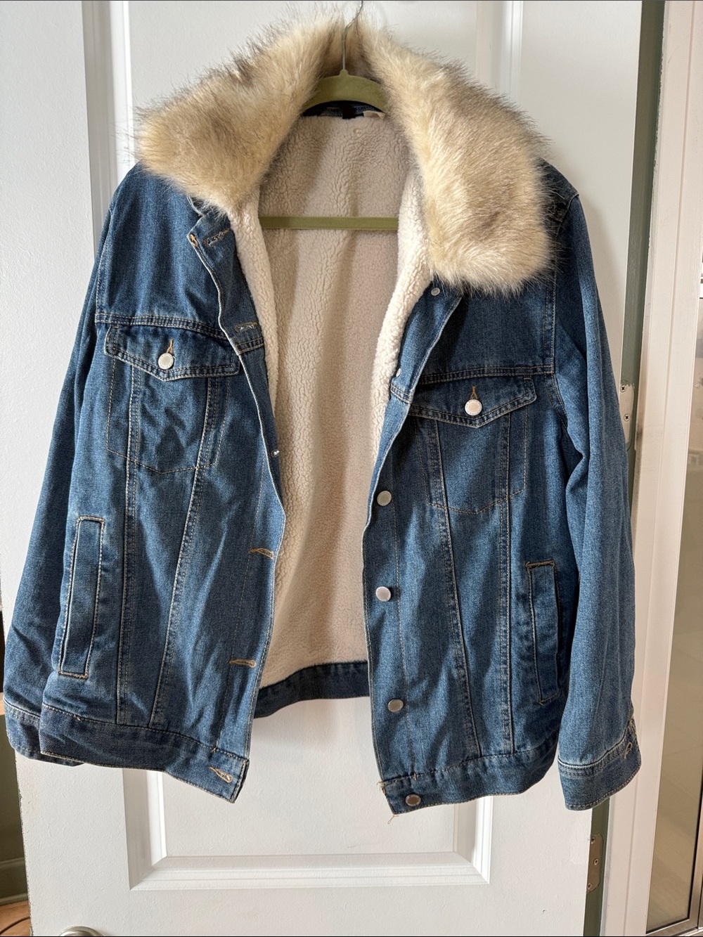 Divided Blue Denim Jacket with Cream Faux Fur Collar